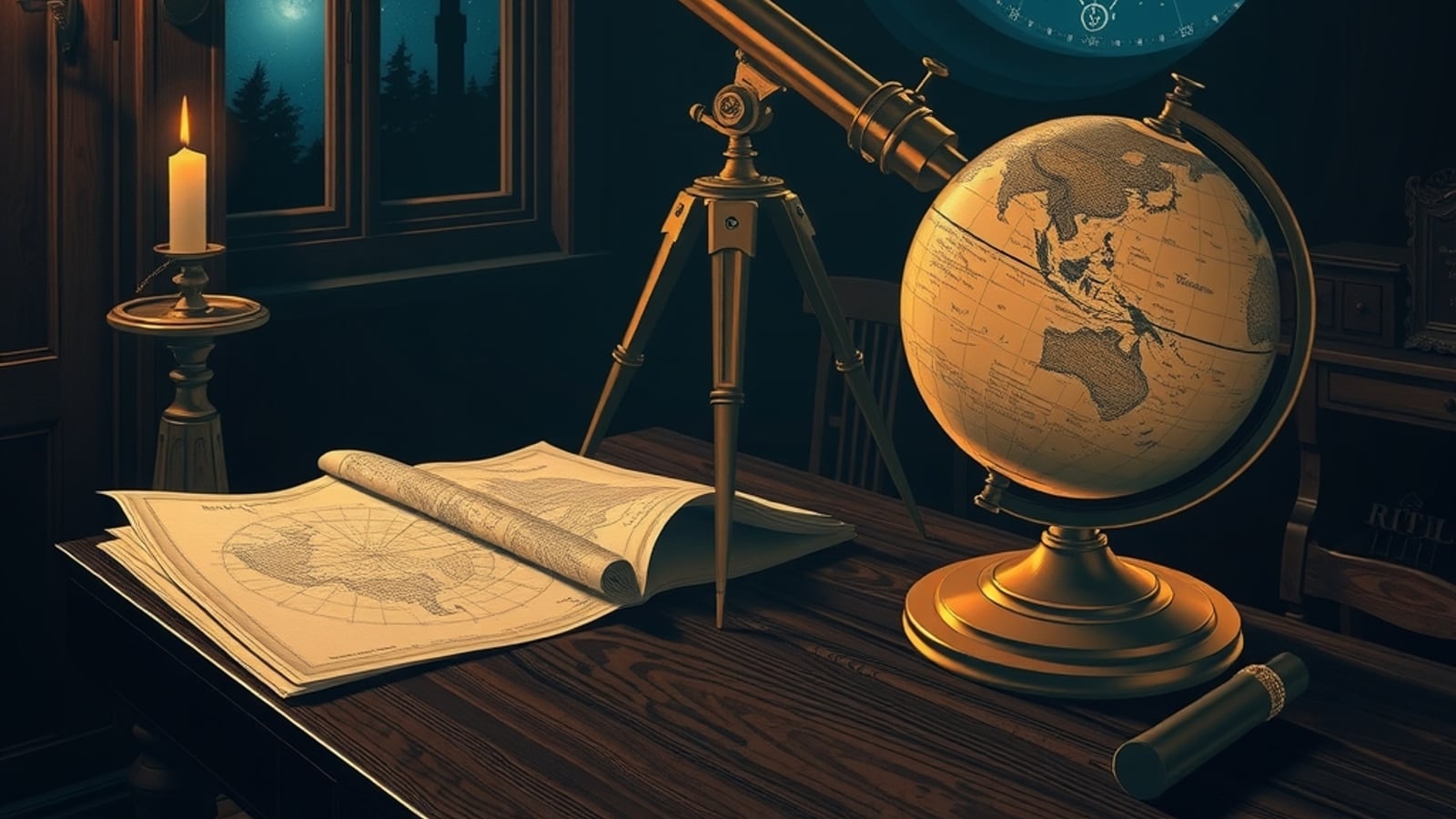 Night observatory: brass telescope and a celestial globe under the stars